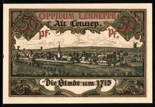 Notgeld Lennep 1921, 50 Pf, Ortsansicht um 1715 mit Wappen