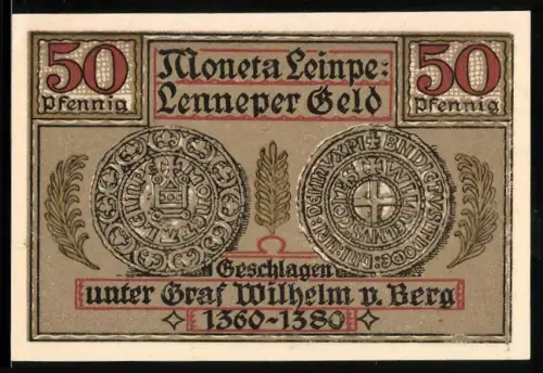 Notgeld Lennep 1921, 50 Pfennig, mittelalterliche Münzen und Siegel der Stadt Lennep von 1363