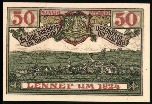 Notgeld Lennep 1921, 50 Pfennig, Ortsansicht von 1824 und Stadtwappen mit Siegel der Stadt Lenep