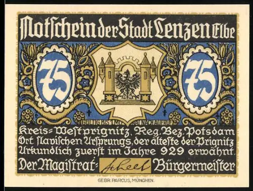 Notgeld Lenzen /Elbe, 75 Pfennig, Stadtwappen und Stumpfer Turm der alten Stadtbefestigung aus dem 13. Jahrhundert