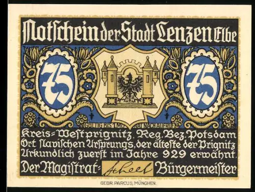 Notgeld Lenzen /Elbe, 75 Pfennig, Stadtwappen und Porträt von Friedrich Ludwig Jahn