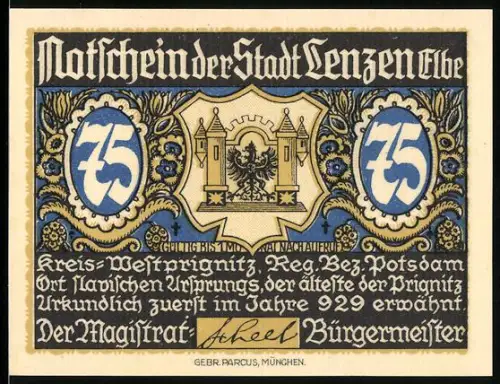 Notgeld Lenzen /Elbe, 75 Pfennig, Stadtwappen und Schloss Eldenburg mit altem Gutsgrafenturm