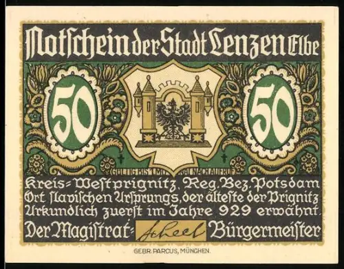 Notgeld Lenzen /Elbe, 50 Pf., Stadtwappen und Burg mit historischem Text