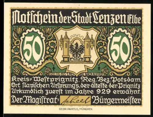 Notgeld Lenzen /Elbe, 50 Pf., Stadtwappen und Herdbuchbulle