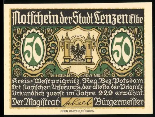 Notgeld Lenzen /Elbe, 50 Pf., Stadtwappen und Talmühle mit Wasserrad und Landschaft
