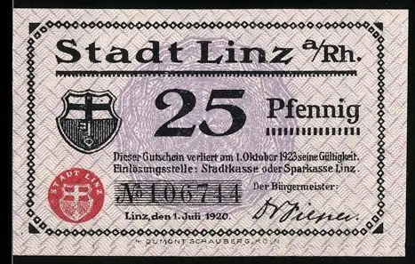 Notgeld Linz a. Rh. 1920, 25 Pfennig, Ortsansicht mit Fluss und Schiff, Wappen von Linz