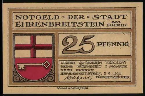 Notgeld Ehrenbreitstein am Rhein 1921, 25 Pfennig, Stadtwappen und Clemens Brentano Porträt