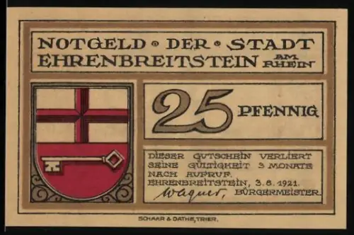 Notgeld Ehrenbreitstein am Rhein 1921, 25 Pfennig, Wappen und Mann mit Bierkrug