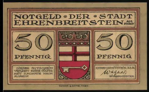 Notgeld Ehrenbreitstein a. Rhein 1921, 50 Pfennig, Festungsansicht und Wappen mit Schlüssel und Krone