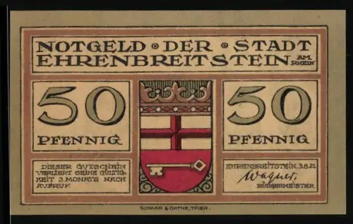 Notgeld Ehrenbreitstein a. Rhein 1921, 50 Pfennig, Wappen und Ortsansicht von 1549