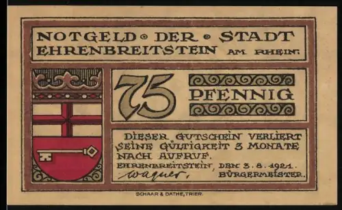 Notgeld Ehrenbreitstein a. Rhein 1921, 75 Pfennig, Wappen und Porträt von Johann Hugo von Orsbeck