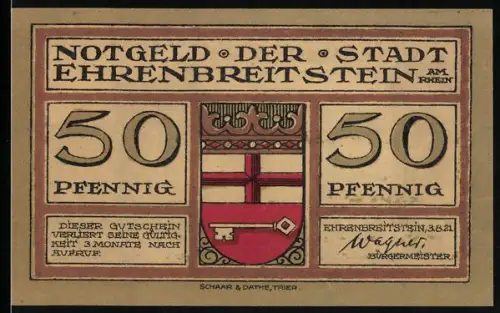Notgeld Ehrenbreitstein am Rhein 1921, 50 Pfennig, Wappen und Festung Ehrenbreitstein im Jahr 1700