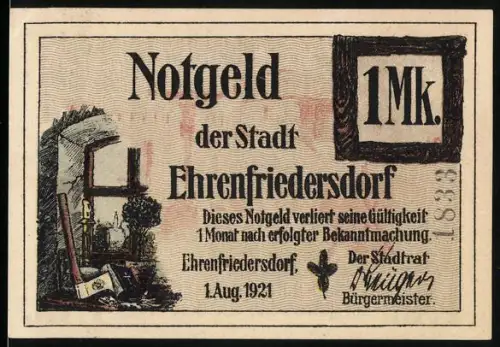 Notgeld Ehrenfriedersdorf 1921, 1 Mark, Bergleute im Stollen und Landschaftsmotiv mit Hammer und Schlegel