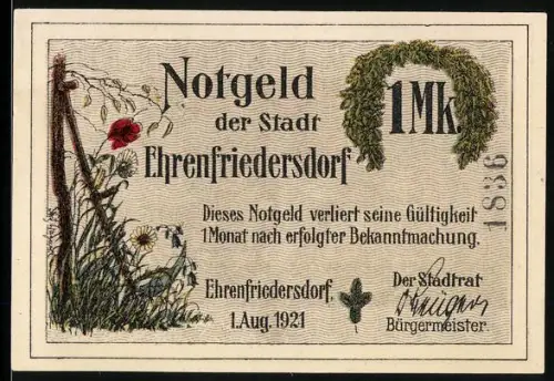 Notgeld Ehrenfriedersdorf 1921, 1 Mark, Blumen und Bergmannsszene mit Oswald Barthels Tod