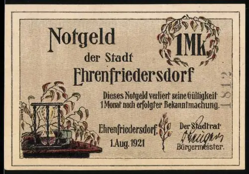 Notgeld Ehrenfriedersdorf 1921, 1 Mark, Bergarbeiterszene im Stollen
