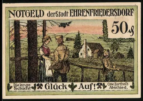 Notgeld Ehrenfriedersdorf 1921, 50 Pfennig, Bergmann, Frau, Hütte und Axt mit Vogel