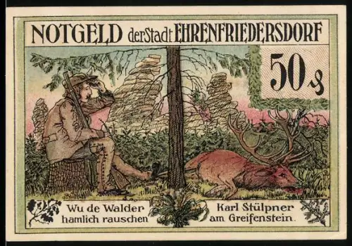 Notgeld Ehrenfriedersdorf 1921, 50 Pfennig, Jäger mit Gewehr und Hirsch im Wald