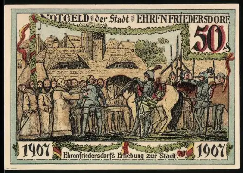 Notgeld Ehrenfriedersdorf 1921, 50 Pf., historische Szene mit Rittern und Wappen