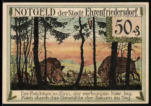 Notgeld Ehrenfriedersdorf 1921, 50 Pfennig, Wildschweine im Wald und Zinnreichtum