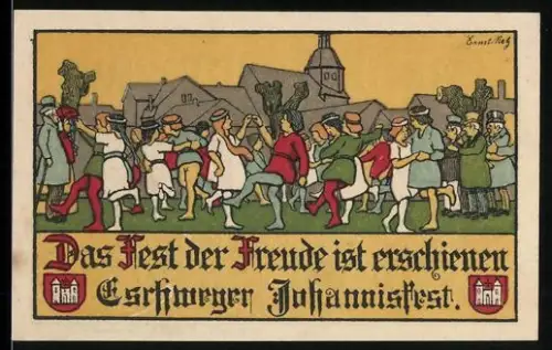 Notgeld Eschwege, 50 Pfennig, Johannisfest mit tanzender Gruppe und Stadtwappen