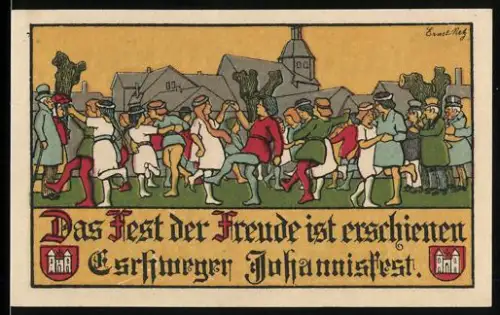 Notgeld Eschwege, 50 Pfennig, Johannisfest mit tanzenden Menschen und Stadtwappen von Eschwege