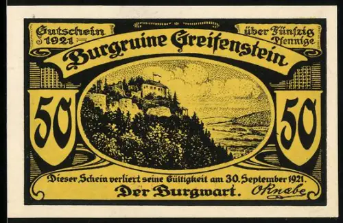 Notgeld Blankenburg /Schwarzathal 1921, 50 Pfennig, Burgruine Greifenstein und poetische Beschreibung