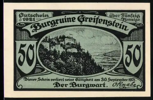 Notgeld Blankenburg /Schwarzathal 1921, 50 Pfennig, Burgruine Greifenstein im Schwarzatal