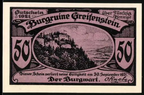 Notgeld Blankenburg /Schwarzathal 1921, 50 Pfennig, Burgruine Greifenstein
