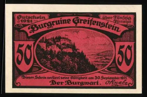 Notgeld Blankenburg /Schwarzathal 1921, 50 Pfennig, Burgruine und Landschaftspanorama