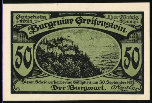 Notgeld Blankenburg /Schwarzathal 1921, 50 Pfennig, Burgruine Greifenstein und poetische Beschreibung der Umgebung