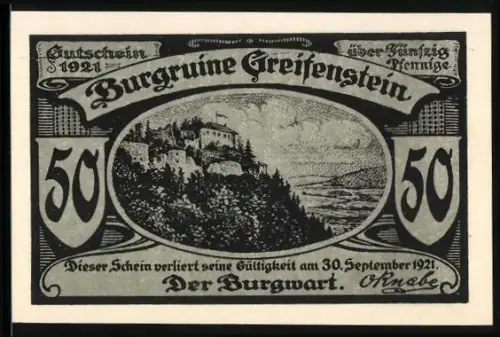 Notgeld Blankenburg /Schwarzathal 1921, 50 Pfennig, Burgruine Greifenstein