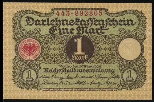 Notgeld Berlin 1920, 1 Mark, filigranes Muster mit Reichsadler und Zierornamenten
