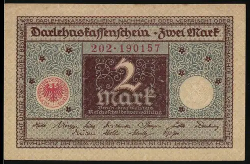 Notgeld Berlin 1920, 2 Mark, künstlerisches Ornament mit Reichsadler und dekorativem Muster