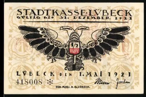 Notgeld Lübeck 1921, 50 Pfennig, Adler und gotische Schrift mit Stadttor