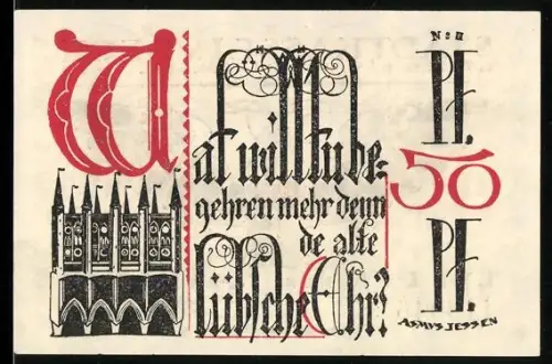 Notgeld Lübeck 1921, 50 Pfennig, gotische Schrift und Adler mit Wappen