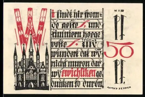 Notgeld Lübeck 1921, 50 Pfennig, gotischer Text und Adler mit Wappen