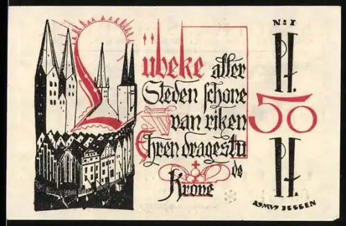 Notgeld Lübeck 1921, 50 Pfennig, Ortsansicht und Adler mit Wappen