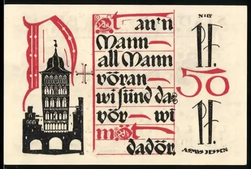Notgeld Lübeck 1921, 50 Pfennig, gotischer Text und Adler mit Wappen