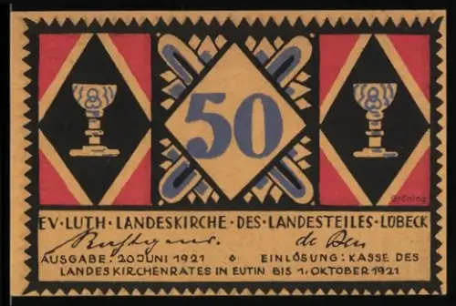 Notgeld Lübeck 1921, 50 Pfennig, Kelche und biblische Szene mit Jesus und dem Zinsgroschen