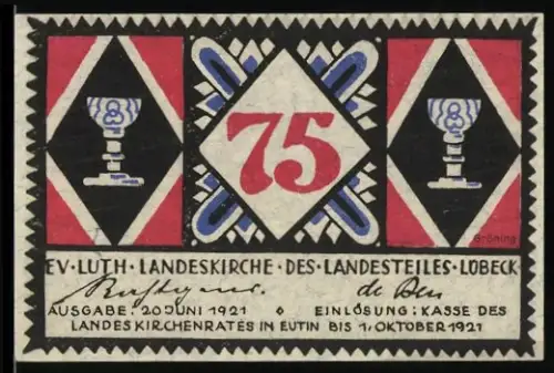Notgeld Lübeck 1921, 75 Pfennig, Abendmahlskelche und biblische Szene mit Christus und Zinsgroschen