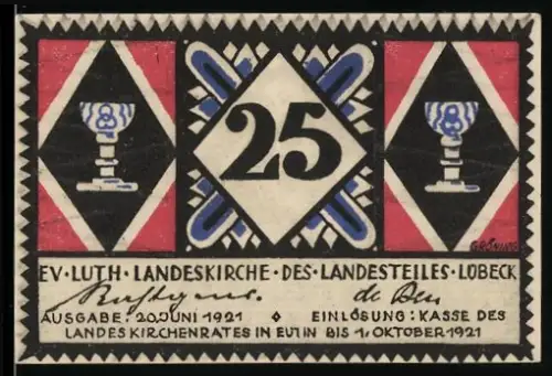 Notgeld Lübeck 1921, 25 Pfennig, Kelche und religiöses Motiv aus dem Lukas-Evangelium