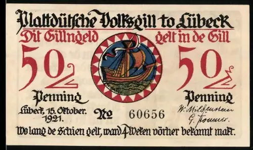 Notgeld Lübeck 1921, 50 Pfennig, Schiff und Ratsdiener mit Plattdeutschem Text