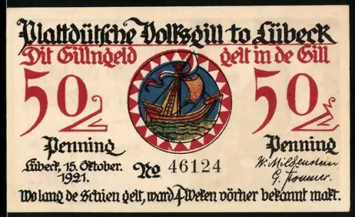 Notgeld Lübeck 1921, 50 Pfennig, Segelschiff und Dräger am Hafen
