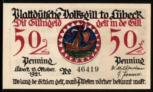 Notgeld Lübeck 1921, 50 Pfennig, Segelschiff und Fischfrau