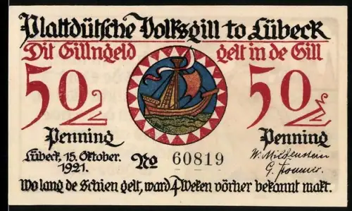 Notgeld Lübeck 1921, 50 Pfennig, Segelschiff und Lotse am Steuer