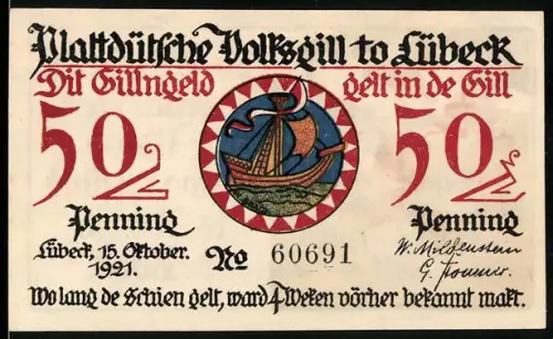 Notgeld Lübeck 1921, 50 Pfennig, Segelschiff und Waisenkinder mit Wappen