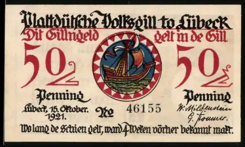 Notgeld Lübeck 1921, 50 Pfennig, Segelschiff und Garnersfrau mit Körben
