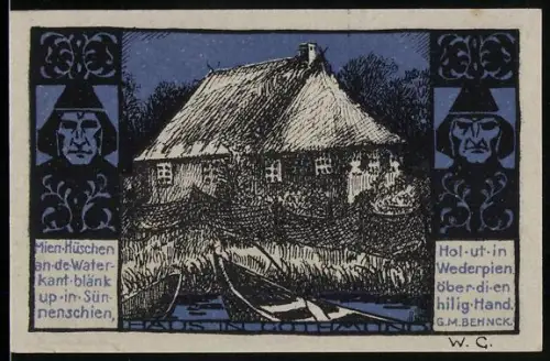 Notgeld Gothmund-Lübeck 1921, 50 Pfennig, Reetdachhaus und Fischer mit Flusslandschaft