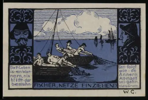 Notgeld Gothmund-Lübeck 1921, 50 Pfennig, Fischer beim Einziehen der Netze, Ortsansicht mit Fischern