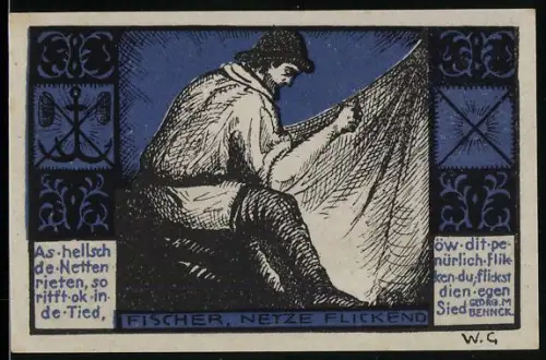 Notgeld Gothmund-Lübeck 1921, 50 Pfennig, Fischer beim Netzeflicken und Dorfszene